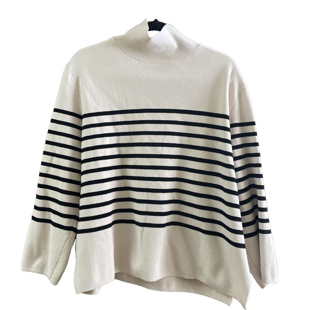 H&M Women's Fine Knit Mock Neck Sweater Light Beige Striped Lagenlook Boxy Med‎